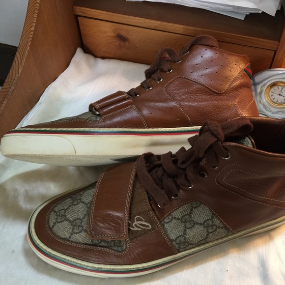 Gucci Shoes Mens Hicut Gucci Sneakers Brown Leather